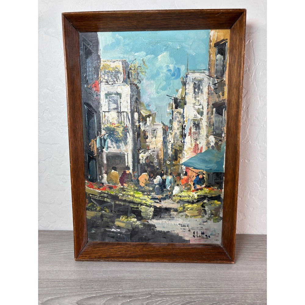 Giuseppe Elettro Original Oil Painting of an Italian Market- Framed 13"x9"